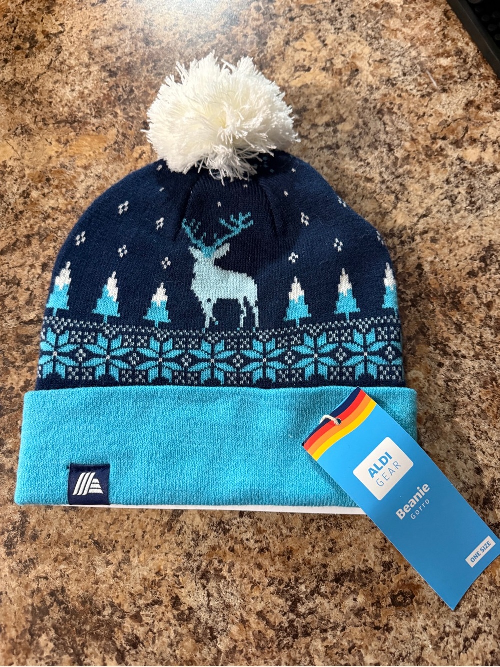 ALDI Gear Navy and Light Blue Reindeer Pom Pom Beanie OS NWT